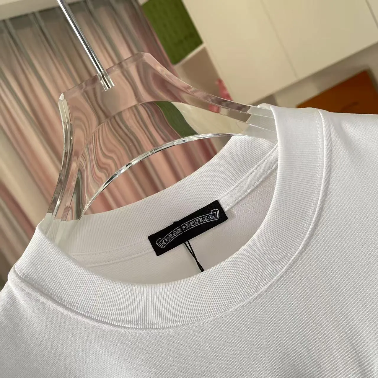 🅿️200 ch Cro* 2025 spring and summer new style Sanskrit horseshoe cross laser patch embroidery short-sleeved t-shirt custom fabric 300g same style for men and women Size: S M L XL XXL Five codes Color: black white